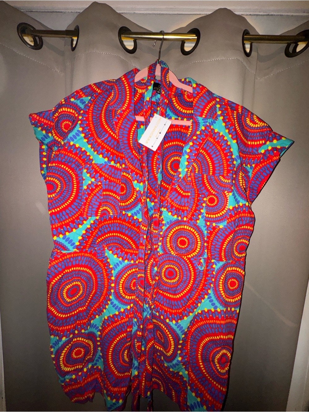 Women's Short-Sleeve Romper in Red & Blue Geometric Print